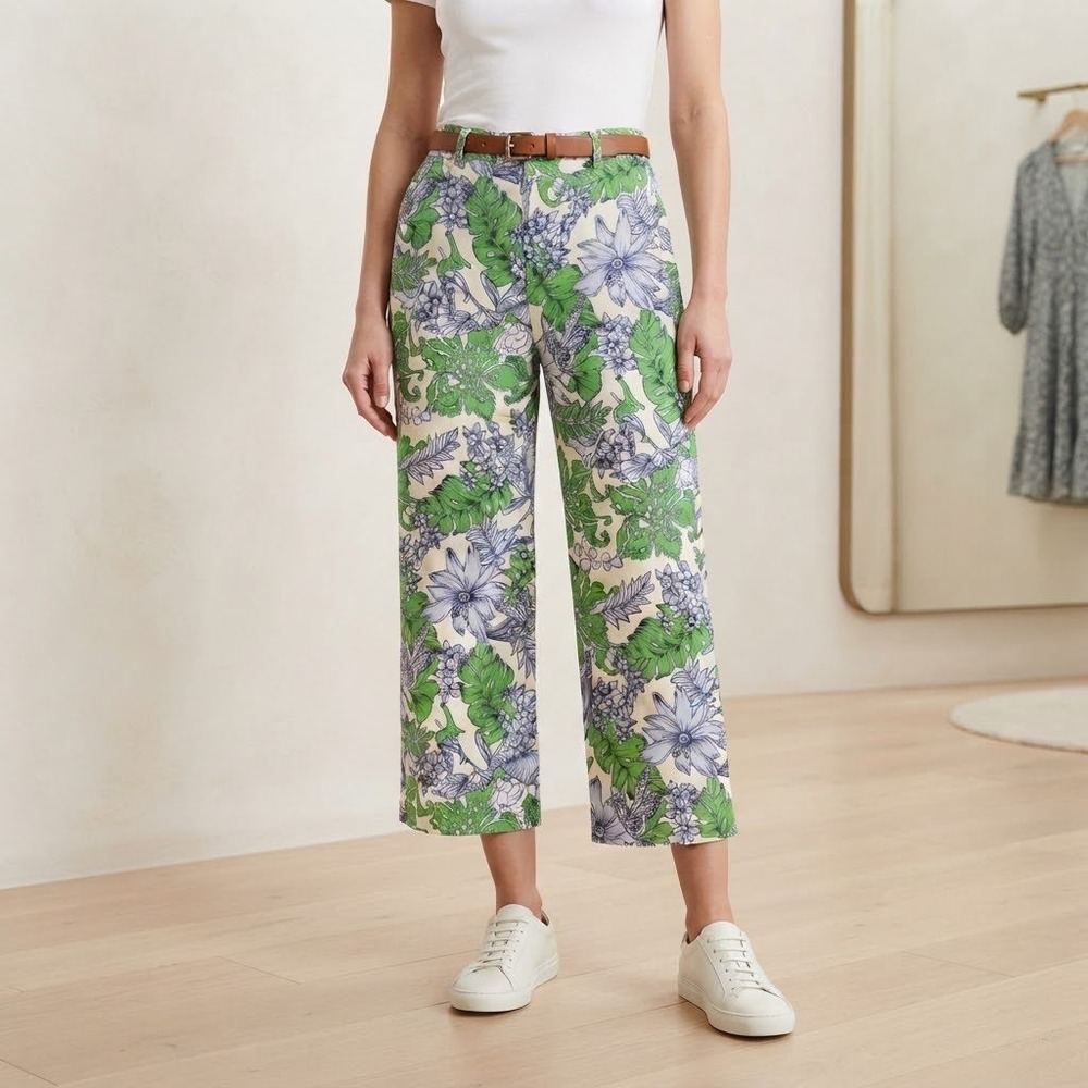 Zara Woman Green Floral Tropical Wide Leg Culotte Pants Size S High Waist